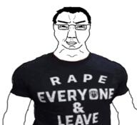 buff closed_mouth clothes glasses hair rape rape_everyone_and_leave smile smug soyjak subvariant:chudjak_front tshirt variant:chudjak // 350x319 // 67.1KB