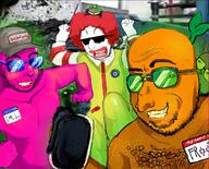2soyjaks artist:jaikacuz central_intelligence_agency clown dance datamining doll food frog froot fruit glasses hair happy jewish_nose judaism leaf name_tag nudev pepe red_hair ronald ronald_mcdonald root smile soyjak stubble trend:glowie tuxedo variant:feraljak variant:gapejak yellow_teeth // 1280x1032 // 257.0KB