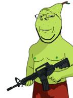 closed_mouth food fruit glasses holding_object holding_rifle m4a1 paulmcpear pear smile soyjak stubble subvariant:wholesome_soyjak variant:gapejak // 3072x4096 // 1.3MB