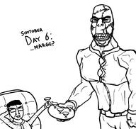 arm art artist:wauwboer black_and_white chud closed_eyes closed_mouth clothes drawfag drawing fist glasses hair hand lips meta:soytober meta:soytober2024 muscles plate smile soyjak stitches stubble suit sweater text variant:chudjak variant:cobson // 1417x1343 // 444.6KB