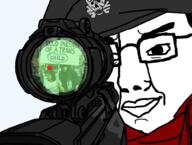 cap clothes firearm glasses gun hat irl nazism smile smirk sniper soyjak tranny variant:chudjak // 980x742 // 517.8KB