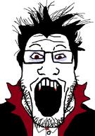 blood bloodsucker cape eye_bags eye_circles eyebags fang glasses hair halloween open_mouth sharp_teeth soyjak spooky stubble vampire variant:markiplier_soyjak white_background white_skin // 600x851 // 43.5KB