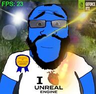 I_love_unreal_engine arm award blue blue_skin calm closed_mouth clothes fps heart i_heart i_love lens_flare nvidia rtx soyjak subvariant:science_lover taa tshirt variant:markiplier_soyjak // 806x790 // 736.6KB