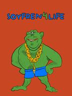 animal arm buff clothes ear frenschan frog full_body green_skin hair hairy hand leg mustache necklace pepe redraw shorts smile soyjak stubble text variant:impish_soyak_ears // 2048x2732 // 626.4KB