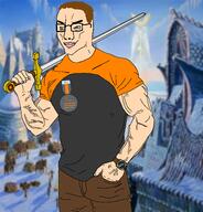 1488 aryan asset blue_eyes blue_shirt brown_hair buff closed_mouth clothes dan eyes_like_the_o-o-cean flag glasses hair holding_object holding_sword hyperborea orange_shirt smile smug sonnenrad soyjak subvariant:muscular_chud2 sword tshirt variant:chudjak vein watch white_skin // 1834x1913 // 1.6MB