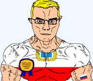 animal arm award blue_eyes buff bull christianity closed_mouth clothes crown cuck eastern_orthodox eyes_like_the_o-o-cean fish flag flag:russia flag:saratov_oblast glasses hair kazakhstan oblast orthodox_cross russia saratov_oblast soyjak subvariant:chudjak_front subvariant:muscular_chud text transparent transparent_background tshirt variant:chudjak vein yellow_hair // 1059x929 // 103.3KB