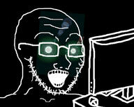 black_skin computer glasses glowing_eyes green_eyes inverted open_mouth soyjak stubble subvariant:soyak_(crazed) thougher variant:soyak // 1000x800 // 132.9KB