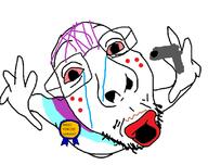 acne anhero arm award badge bloodshot_eyes brown_mustache clothes crying eyebags glasses glasses_askew gun mustache open_mouth purple_hair soyjak stubble tranny variant:fisheyejak // 811x640 // 192.5KB