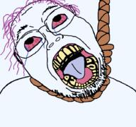 ack bloodshot_eyes crying glasses hair noose open_mouth purple_hair rope soyjak stubble subvariant:boat_rammer suicide teeth tongue tranny transparent transparent_background variant:bernd yellow_teeth // 910x853 // 140.9KB
