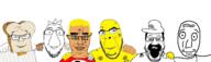 blond blue_eyes bread brown_skin buck_teeth closed_mouth crown hair luigi mustache no_more_brother_wars open_mouth spongebob_squarepants stickman stubble swastika variant:bernd variant:chudjak variant:cobson variant:feraljak variant:markiplier_soyjak yellow_skin // 650x194 // 115.7KB