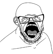 ear face glasses hair looking_up monochrome mustache open_mouth soyjack soyjak stubble teeth tongue transparent_background variant:feraljak // 1287x1321 // 233.3KB