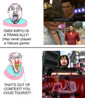 angry bloodshot_eyes clenched_teeth ear flag flag:transgender_pride_flag glasses kiryu_kazuma majima_goro mustache nosebleed open_mouth purple_hair stubble subvariant:feralrage text tongue tourist tranny transgender_flag twitter variant:bernd variant:feraljak video_game yakuza yellow_teeth // 1540x1781 // 2.1MB