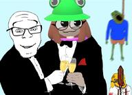 3soyjaks ack animal_abuse blood bloodshot_eyes bowtie closed_mouth clothes crying dog eyelashes frog froge full_body glass glasses green_skin hanging hat impaled janny pepe rope smile soyjak stubble suicide suspenders tuxedo variant:bernd variant:feraljak wine // 891x646 // 196.1KB