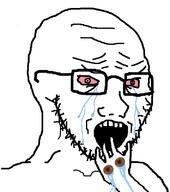 bloodshot_eyes crying crying_hands glasses hand open_mouth soyjak stubble variant:soyak // 708x800 // 26.8KB