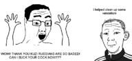 2soyjaks arm closed_mouth clothes ear glasses hair hand hands_up kuz meme neutral open_mouth russia soyjak soyjak_party text track_suit variant:carterjak variant:chudjak variant:kuzjak // 800x371 // 29.0KB