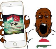 arm brown_skin clothes country flag flag:hungary flag:turkiye glasses gypsy hand holding_object holding_phone hungary iphone kazakhstan meme open_mouth phone soyjak stubble subvariant:phoneplier subvariant:phoneplier_vertical text tshirt turan turkiye variant:markiplier_soyjak wolf // 675x593 // 290.3KB