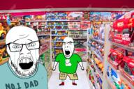 3soyjaks closed_mouth clothes crying dancing_swede ear father full_body glasses irl_background open_mouth sad smile soyjak stubble text tshirt variant:cobson variant:feraljak variant:impish_soyak_ears // 1300x867 // 1.9MB