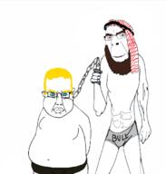 2soyjaks arab beard blue_eyes bull chains closed_mouth clothes ear fat glasses hair hand holding_object islam obese open_mouth slave soyjak stubble subvariant:chudjak_front trend:aryan variant:chudjak variant:cobson yellow_hair // 662x695 // 178.6KB
