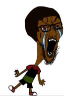 arm black_skin bloodshot_eyes brown_skin clothes crying full_body glasses hair hand leg open_mouth pan_african redraw soyjak stubble tshirt variant:soyak // 881x1314 // 171.3KB