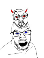 2soyjaks blue_eyes conjoined demon devil_horns glasses gums open_mouth red_eyes stubble subvariant:crazyguyjak teeth variant:feraljak white_background // 1500x1992 // 39.6KB