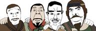 4soyjaks asian call_of_duty chud chud_troon_alliance closed_mouth clothes ear edward_richtofen friendship goggles hair hand happy hat looking_at_you nikolai_belinski no_more_brother_wars smile soyjak stubble takeo_masaki tank_dempsey variant:bernd variant:chudjak variant:cobson variant:feraljak // 3312x1080 // 472.4KB