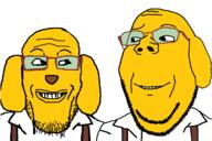 2soyjaks animal are_you_soying_what_im_soying clothes dog ear glasses grin janny looking_at_each_other smile soyjak stubble subvariant:wholesome_soyjak suspenders variant:gapejak variant:markiplier_soyjak yellow_skin // 1200x800 // 69.7KB