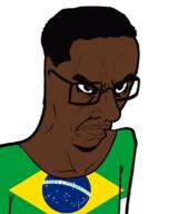 angry arm black_skin brazil closed_mouth clothes country flag flag:brazil glasses hair soyjak subvariant:chudjak_seething tshirt variant:chudjak // 899x1078 // 206.5KB