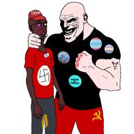 black_skin buff clothes communism flag:israel flag:transgender_pride_flag ftm hammer_and_sickle maga_hat muscles muscular_male nazism piss shitskin swastika transgender_flag variant:unknown white_background white_skin woke // 768x768 // 77.6KB