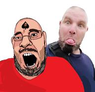 beard blush brown_eyes brown_hair clothes ear elpresador glasses grey_hair mustache open_mouth quantrell_bishop sex soyjak spade stubble tattoo variant:cobson white_skin wings_of_redemption // 1312x1262 // 200.3KB