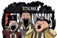 3soyjaks brown_skin clothes ear open_mouth soyjak stubble total_war trend:soyjak_trio variant:gapejak variant:markiplier_soyjak variant:tony_soprano_soyjak // 1679x1132 // 1.1MB