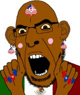 angry arm brown_eyes brown_skin country ear earring flag glasses hand mexico nose_piercing open_mouth painted_nails soyjak stubble united_states variant:cobson yellow_sclera // 723x861 // 94.2KB