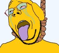 bloodshot_eyes crying dog ear glasses hanging janny open_mouth rope soyjak stubble subvariant:wholesome_soyjak suicide tongue variant:gapejak yellow // 768x699 // 195.4KB
