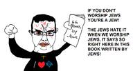 angry bloodshot_eyes book christianity clenched_teeth closed_mouth clothes cross crying ear glasses hair heart i_love judaism pointing pointing_at_viewer soyjak star_of_david subvariant:chudjak_front text variant:chudjak vein yellow_teeth // 1533x824 // 102.7KB