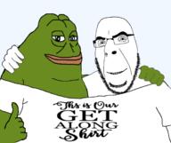 4chan along amphibian arm closed_mouth clothes frog get_along_shirt glasses green green_skin groyper hair hand happy hugging judaism nas:pepe peace pepe pepe_the_frog raid sharty soyjak splinter teeth thumbs_up transparent_background tshirt variant:cobson // 700x586 // 106.2KB