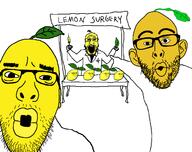 closed_mouth clothes doctor food fruit glasses holding_object holding_syringe lemon multiple_soyjaks open_mouth series:fruiterz! smile smug soyjak stubble surgery syringe variant:asmattr variant:markiplier_soyjak variant:nojak variant:soyak yellow_skin // 1360x1076 // 277.1KB