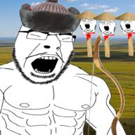 4soyjaks arm asian blood bow_(weapon) buff clothes glasses gore hat mongol mustache open_mouth rice_hat severed_head soyjak stubble variant:cobson variant:mongoljak // 1000x1000 // 854.8KB