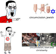 bloodshot_eyes christianity circumcision closed_mouth clothes cross crying ear excited full_body glasses hair hand hands_up irl_background islam judaism open_mouth penis pointing pol_(4chan) star_of_david stubble swastika text tshirt variant:chudjak waving // 1876x1804 // 483.9KB