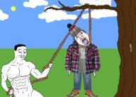 2soyjaks ack arm background beanie bloodshot_eyes boot buff closed_mouth clothes flannel full_body glasses hand hanging hat holding_object holding_rope jeans lynching mustache new_hampshire open_mouth outside red_sox rope soyjak stubble suicide tongue tree united_states variant:bernd variant:chudjak // 2100x1496 // 906.4KB