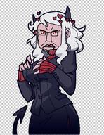 breasts chud closed_mouth clothes demon ear glasses heart helltaker horn looking_at_you modeus_(helltaker) red_eyes subvariant:chudjak_front suit tail turtleneck variant:chudjak video_game white_hair white_skin // 483x627 // 183.6KB