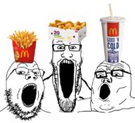 3soyjaks clothes food glasses hat mcdonalds open_mouth soyjak stretched_mouth stubble trend:soyjak_trio variant:gapejak variant:markiplier_soyjak variant:tony_soprano_soyjak // 828x755 // 284.0KB