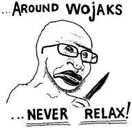 a_wyatt_mann angry around_blacks closed_mouth glasses holding_knife holding_object knife pun soyjak stubble text variant:soyak wojak // 786x764 // 36.1KB