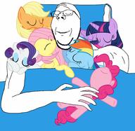applejack arm blanket blue buff closed_eyes fluttershy glasses hand my_little_pony pillow pinkie_pie rainbow_dash rarity_(my_little_pony) sleeping smile soyjak stubble subvariant:wholesome_soyjak swolesome twilight_sparkle variant:gapejak // 2048x1990 // 334.2KB