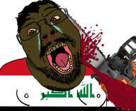 black_skin blood bloodshot_eyes brown_skin chainsaw clothes country crime crying death flag glasses gore hair iraq murder mustache open_mouth soyjak stubble sweating variant:bernd yellow_teeth // 1145x932 // 192.9KB