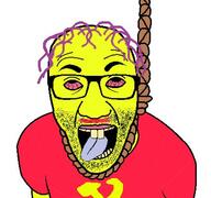 arm bloodshot_eyes buck_teeth clothes communism flag glasses hair hammer_and_sickle hanging open_mouth purple_hair rope soyjak stubble suicide tongue tranny tshirt variant:el_perro_rabioso yellow_teeth // 427x400 // 36.9KB