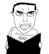 arm book closed_mouth clothes glasses hair hand looking_down millions_must_die reading subvariant:chudjak_front text tshirt variant:chudjak // 405x447 // 27.6KB