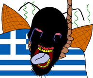 angry antenna bald black_skin bloodshot_eyes cockroach country cross crying dead flag flag:greece greece greek_cross hanging lipstick looking_up open_mouth roach smell stink_lines stinky tear tongue tongue_out variant:angry_soyjak white_background wing yellow_teeth // 1600x1340 // 222.9KB