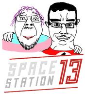 2soyjaks chud_troon_alliance closed_mouth ear friendship glasses hair hand logo mustache nazism purple_hair smile soyjak space_station_13 stubble subvariant:chudjak_front text tranny variant:bernd variant:chudjak video_game // 834x917 // 357.0KB