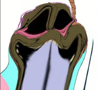 black_eyes bloodshot_eyes brown_skin brown_troonjak distorted flag:transgender_pride_flag hanging meta:not_oc open_mouth purple_hair rope subvariant:weirdnigger teeth tongue transgender_flag trend:slopjak troon variant:feraljak // 816x750 // 626.4KB