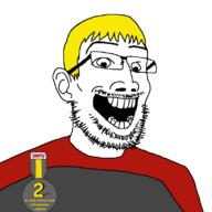 badge clothes glasses nate open_mouth soyjak soyjak_party stubble text variant:lemmuel yellow_hair // 800x800 // 58.0KB