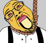 ack anhero bloodshot_eyes buck_teeth button clothes crying eyelashes freckles glasses hanging mustache open_mouth overalls rope soyjak stubble suicide tagme_character_name tongue variant:bernd yellow_skin // 768x719 // 35.1KB